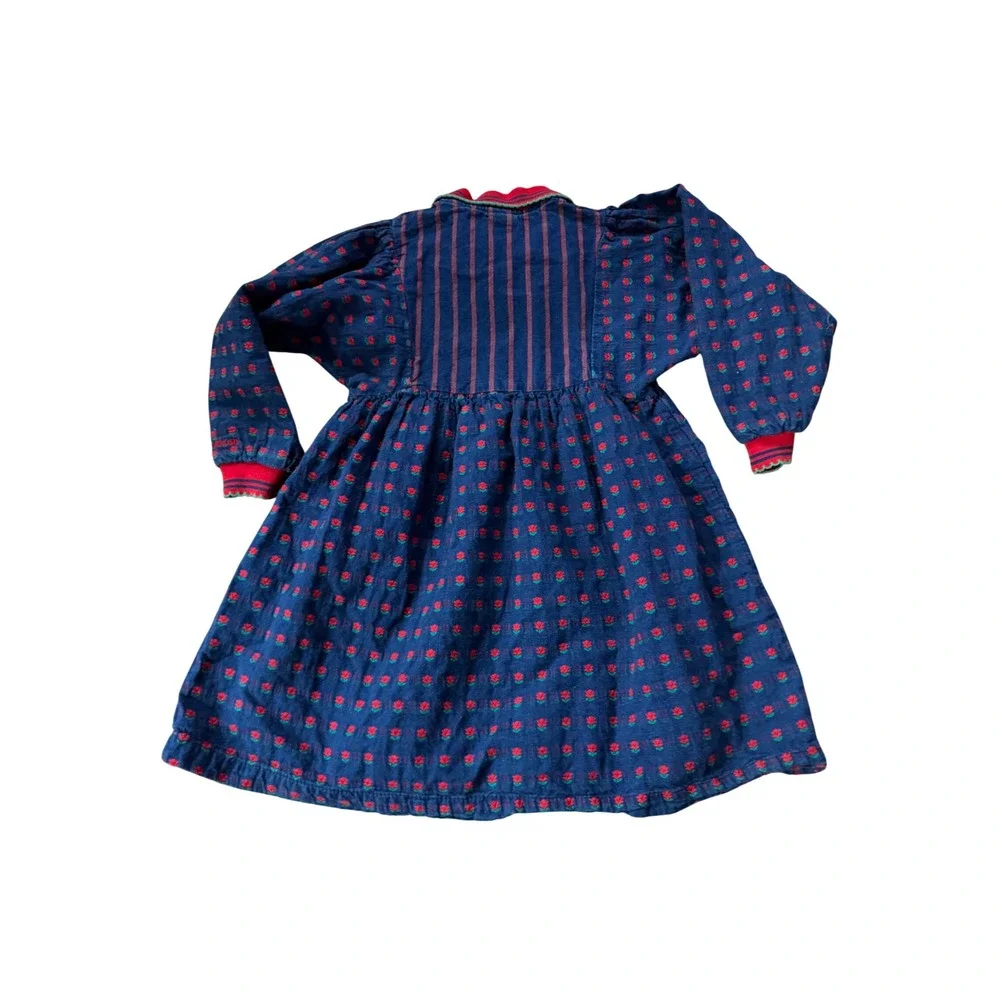Vintage OshKosh B'Gosh Girls 6 Navy Blue Red Floral Striped Denim Dress USA Made
